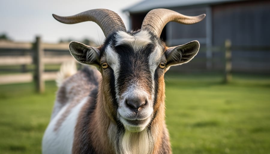 Close-up of a heritage breed goat with distinctive coat markings and alert eyes in a pasture.