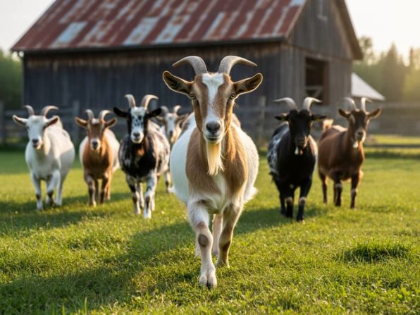 Heritage breed goats walking through a Canadian pasture toward the camera with a barn and fence in the background.