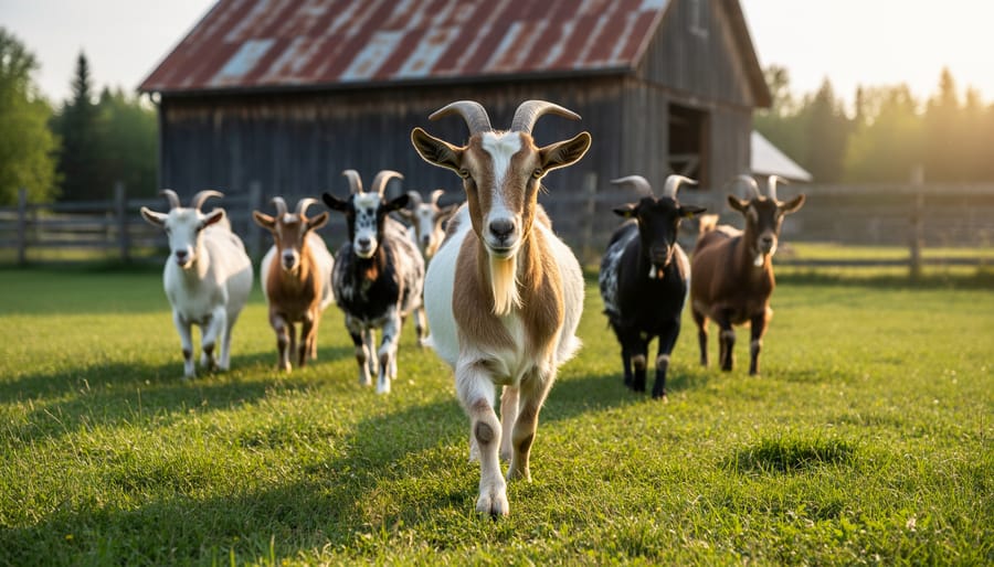 Heritage breed goats walking through a Canadian pasture toward the camera with a barn and fence in the background.