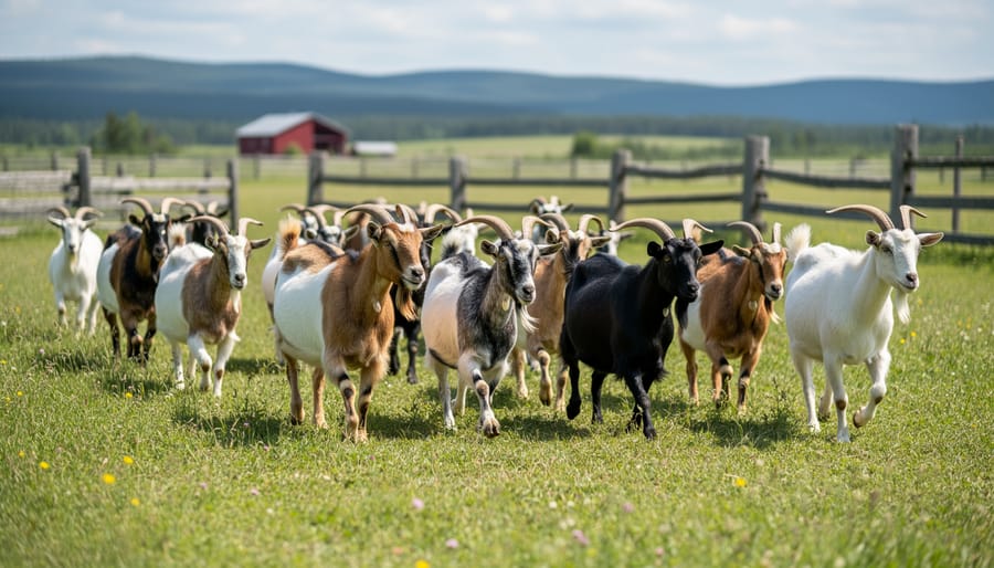 Heritage breed goats walking through a Canadian pasture toward the camera with a barn in the background.