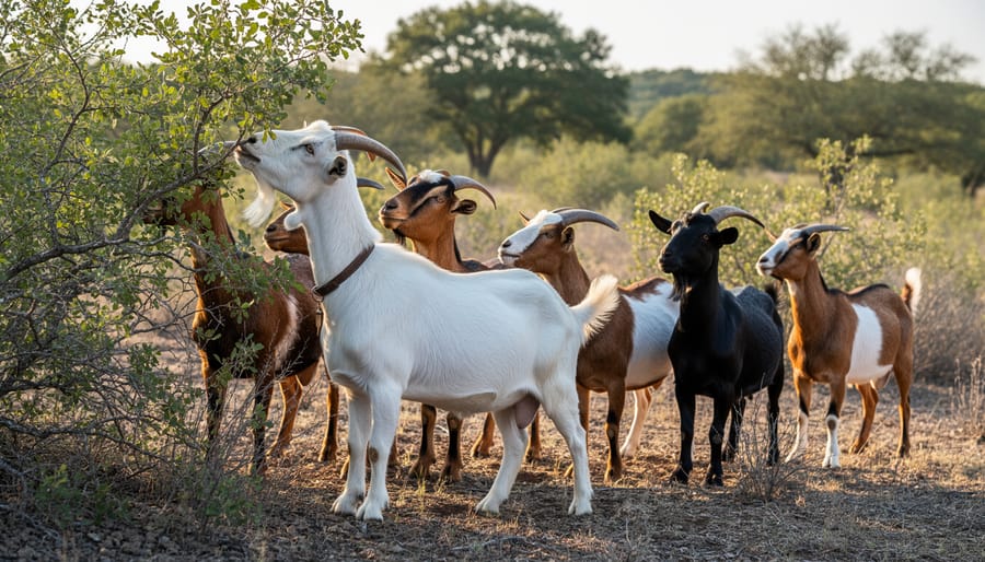Heritage goat actively browsing woody brush and mixed vegetation in a pasture with farm scenery in the background.
