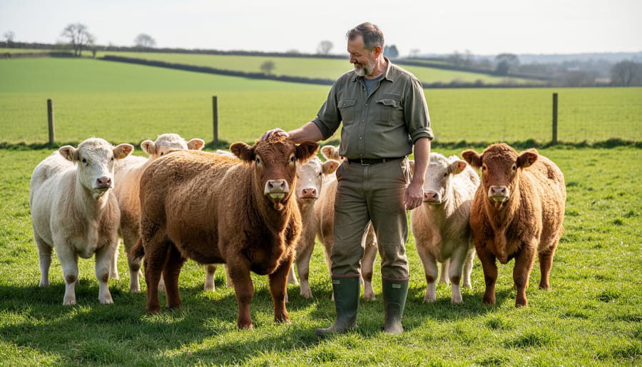 A farmer stands near rare-breed livestock at an open farm gate in warm golden hour light.