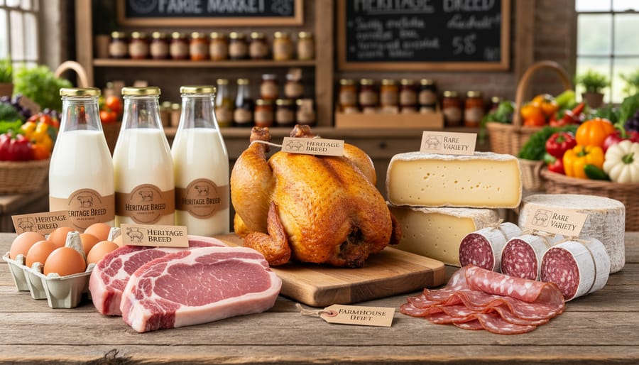 Rustic table with artisanal cheese and cured meats made from heritage livestock under soft studio lighting.