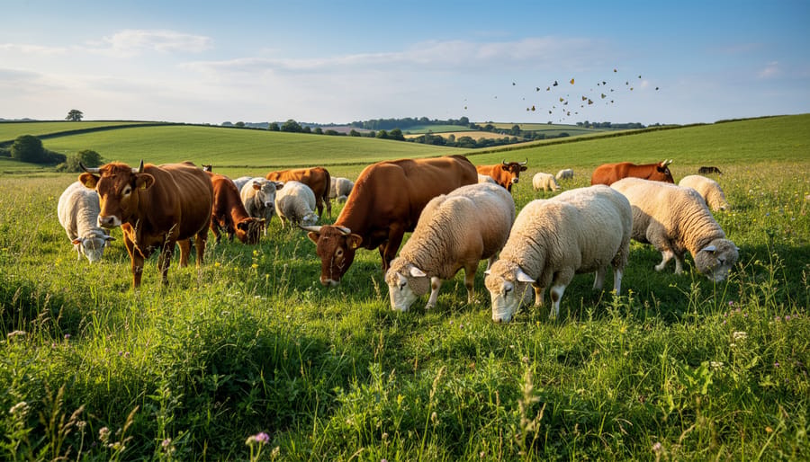 Close view of healthy soil and native grasses in a pasture with distant grazing animals blurred in the background.