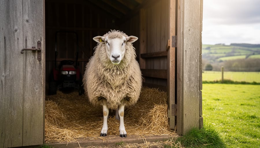 A heritage sheep stands in a barn doorway in soft natural light.