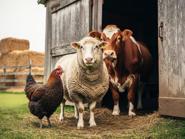 Heritage sheep, cow, and a Chantecler-style chicken standing outside a rustic barn on a working farm.