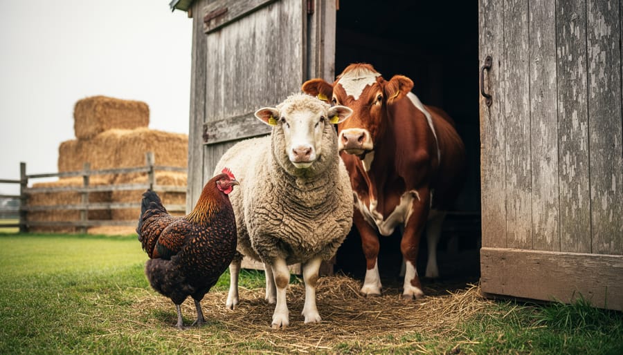 Heritage sheep, cow, and a Chantecler-style chicken standing outside a rustic barn on a working farm.