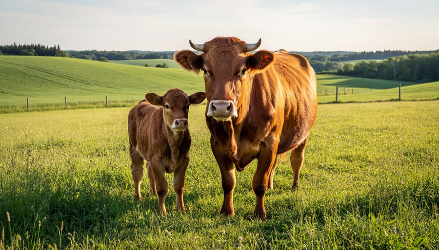 A heritage cow with her calf standing in a green pasture near a barn