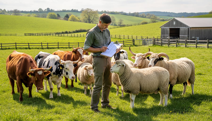 A farmer brushing a heritage sheep or goat in a barn setting