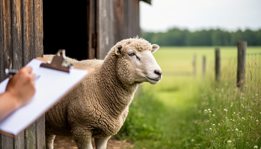 Heritage livestock standing in a Canadian pasture beside a weathered barn, representing participation in natural heritage and endangered species programs for rare breeds.