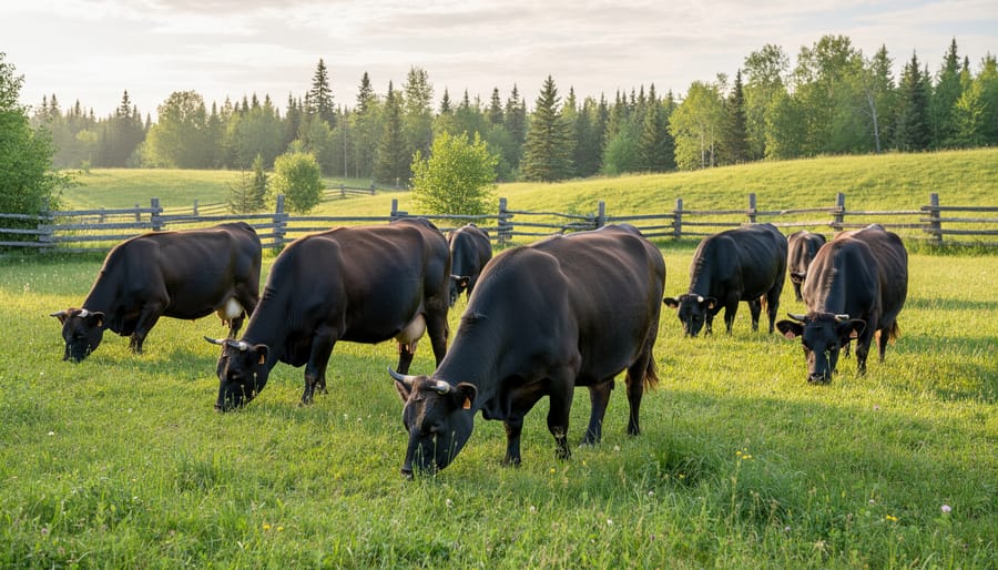 Canadienne cattle grazing together in a pasture with a barn in the distance.