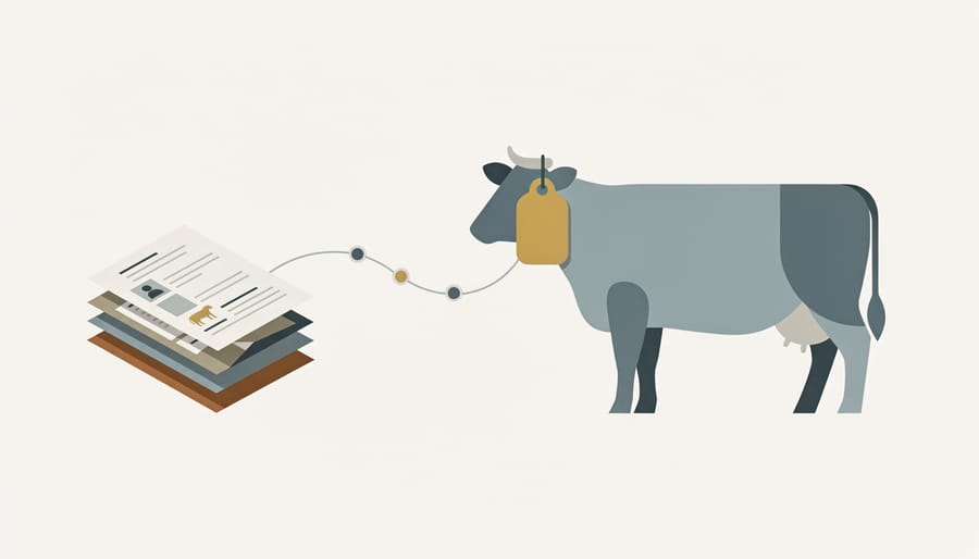 Close-up of cattle ear tags and a notebook on a wooden farm table with a blurred cow in the background.