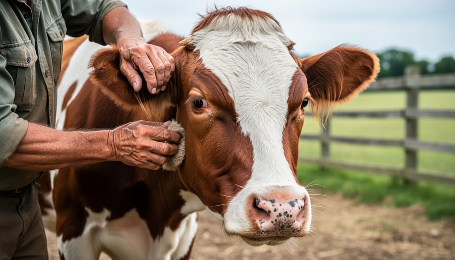A farmer brushing a heritage black-and-white dairy cow in a rustic barnyard setting.