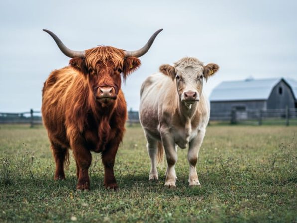 Highland and Canadienne-type heritage cattle grazing together in a Canadian pasture beside a fence and barn in the background.