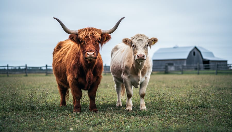 Highland and Canadienne-type heritage cattle grazing together in a Canadian pasture beside a fence and barn in the background.