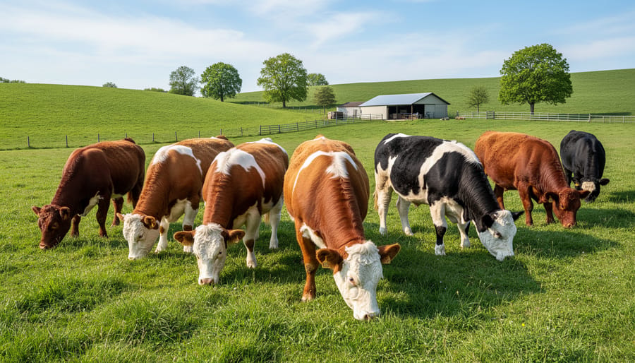 Speckle Park, type cattle foraging in tall grass near a fence under an overcast sky.